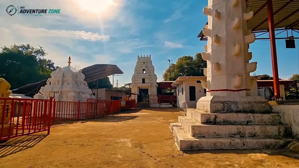 White gopuram and courtyard of Sri Anantha Padmanabha Swamy Temple in Ananthagiri Hills Vikarabad