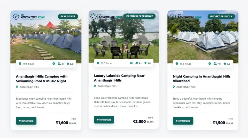 Couples camping near Hyderabad packages and price comparison for Ananthagiri Hills camping